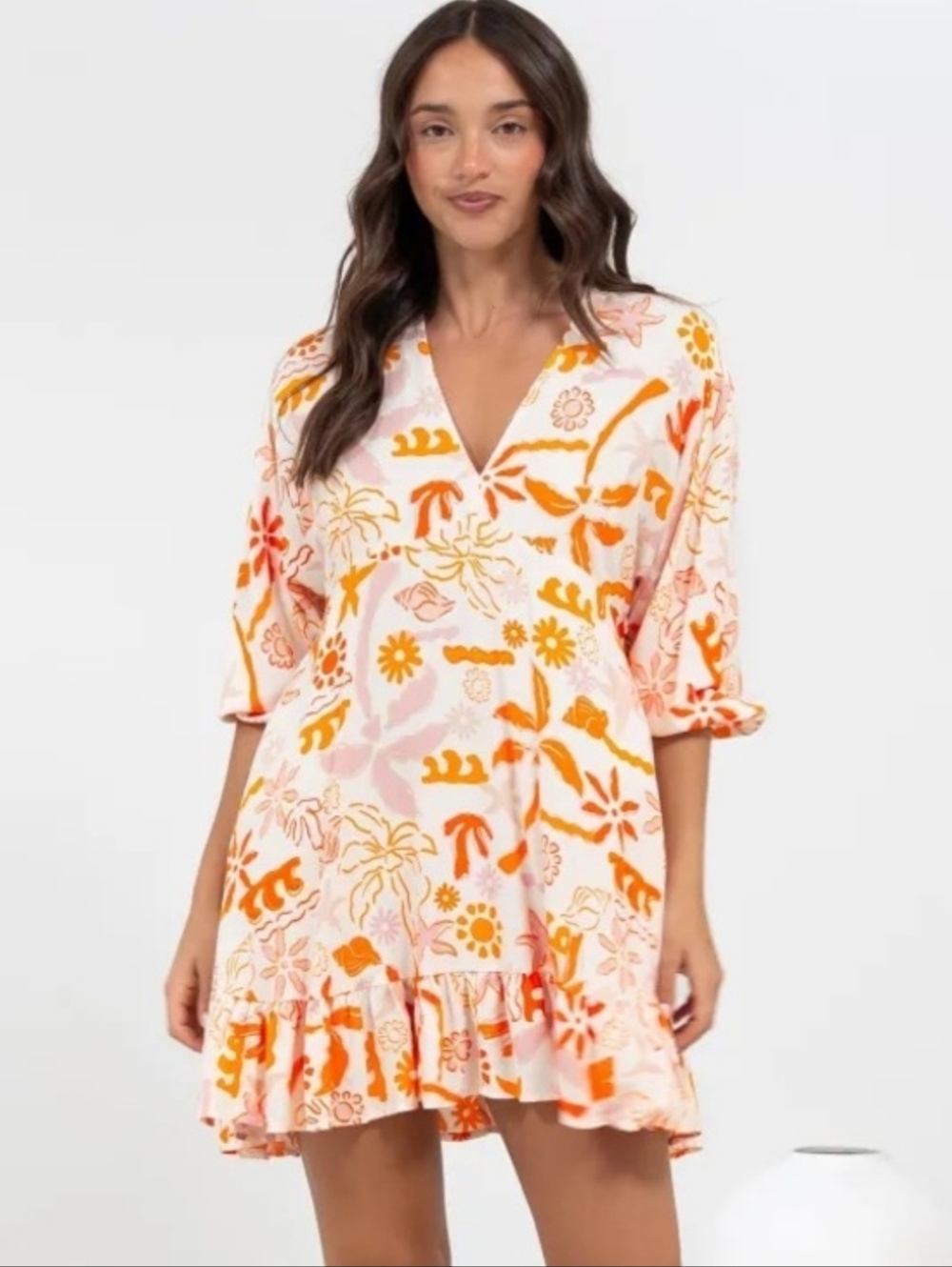 Label Of Love V-Neck Ruffle Hem Mini Dress in Orange, Pink, White XL - Picture 3 of 16